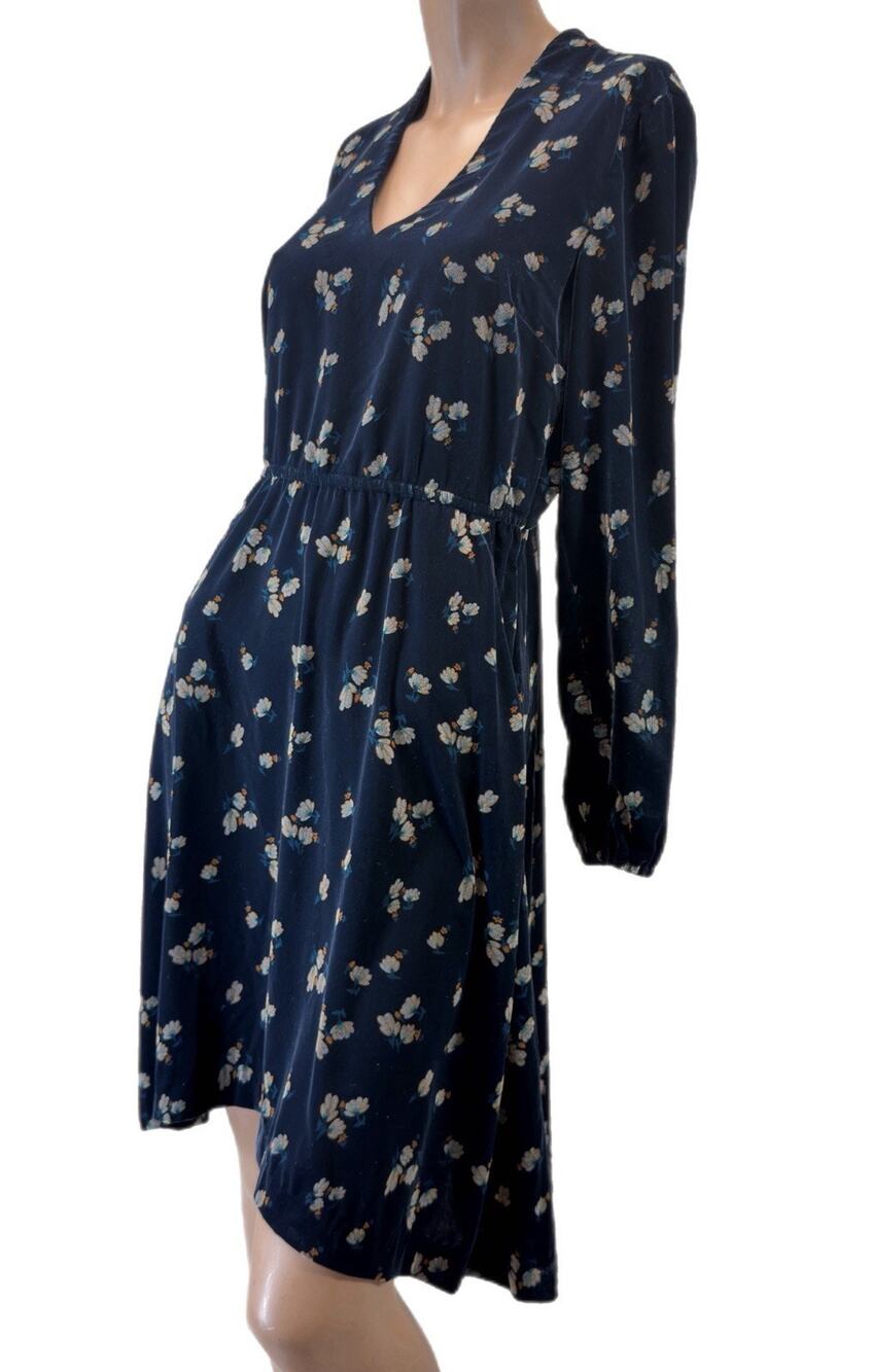 Gabi Womens Navy Blue Floral Velvet Dress V Neck Long Sleeve Tie Waist XS